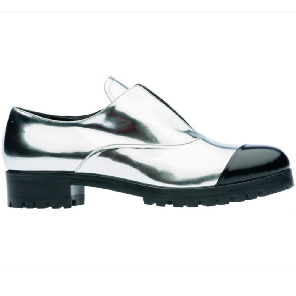 Miu Miu Derby Oxfords - Metallic Silver Leather with Black Cap Toe, lugged sole